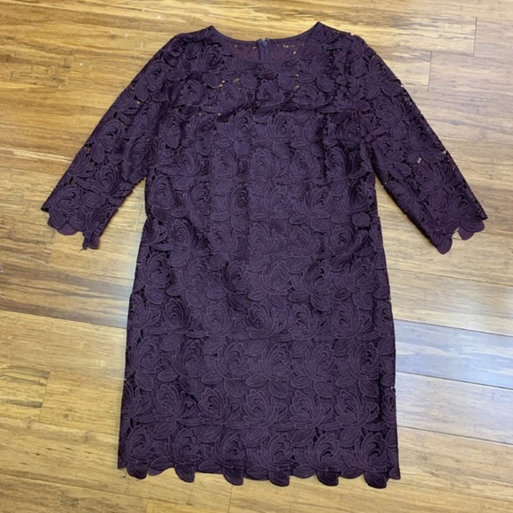 LOFT Lace Dress Womens 6 Purple Floral‎ Overlay 3/4 Sleeve Party Cocktail Plum